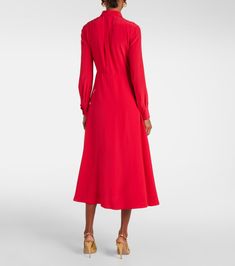 Crêpe de chine midi dress in multicoloured - Valentino | Mytheresa Fitted Viscose A-line Midi Dress, Elegant A-line Maxi Dress In Rayon, Fitted A-line Rayon Dress, Formal A-line Viscose Midi Dress, Fitted Viscose Maxi Dress For Work, Formal Fitted Silk Crepe Midi Dress, Elegant Long Sleeve Crepe Midi Dress, Silk A-line Midi Dress For Cocktail, Spring Silk Crepe Fitted Midi Dress