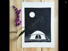 an image of a night sky with stars and a tent in the foreground next to purple flowers