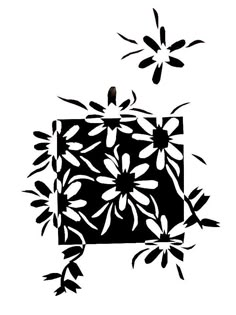 a black and white drawing of flowers on a square piece of paper with leaves coming out of it