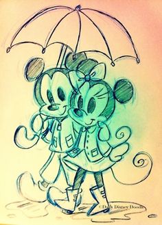 a drawing of mickey and minnie mouse hugging under an umbrella with the word disney written on it