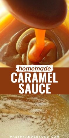 homemade caramel sauce being poured into a bowl