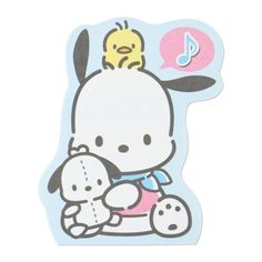 a sticker with a cartoon character holding a stuffed animal