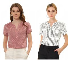 It's a good versatile blouse that could be worn anytime. Whether you're in the office or out on the town, this dot-printed shirt is perfect for any occasion. The v-neck design sits on a blouse, which adds a feminine touch. It features a classic split neck, short sleeves, and dot patterns. A split-neck shirt with short sleeves keeps the look classic and charming. Style it with your favorite shorts and heels for a stylish look. Polka Dot Short Sleeve Blouse For Work, Pink Short Sleeve Blouse For Work, Dot Patterns, Office Top, Work Office, Polka Dot Print, Dot Print, Shop Blouses, Short Sleeve Blouse