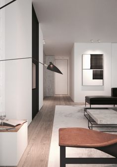 a modern living room with white walls and wood flooring