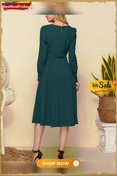 Women Vintage Solid Color Pleated Midi Dress Elegant Gowns Green Long Sleeve Maxi Dress For Work, Green Long Sleeve Midi Dress For Formal Events, Green Long Sleeve Dress For Spring Formal, Spring Green Long Sleeve Formal Dress, Green Long Sleeve Formal Dress For Spring, Long Sleeve Solid Color Office Dress, Elegant Green Knee-length Long Sleeve Dress, Green Fit And Flare Formal Dress, Fall Sheath Dress In Solid Color