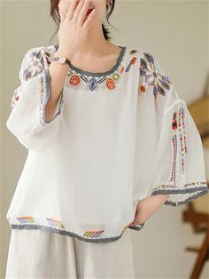 Description Product ID: TP2033523 Material: Cotton, Linen Pattern: Embroidered Sleeve: Half Sleeve Closure Type: Pullover Season: Summer Style: Ethnic Occasion: Daily, Dating, Gifts Package included: 1 * Shirt Size Chart(Asian Size): Please allow 1-3 cm measured error. Size Length Chest M 60cm | 23.6 in 118cm | 46.5 in L 61cm | 24.0 in 122cm | 48.0 in XL 62cm | 24.4 in 126cm | 49.6 in XXL 63cm | 24.8 in 130cm | 51.2 in Bohemian Crew Neck Blouse With Floral Embroidery, Casual Multicolor Tops With Embroidered Sleeves, Summer Tunic Top With Embroidered Sleeves, Bohemian Long Sleeve Tops With Geometric Embroidery, Multicolor Long Sleeve Top With Embroidered Hem, Casual Long Sleeve Blouse With Embroidered Border, Summer Geometric Embroidery Tunic Top, Traditional Tops With Embroidered Sleeves For Summer, Bohemian Crew Neck Top With Geometric Embroidery