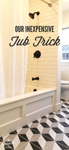 a bathroom with a black and white checkered floor, shower curtain, and bathtub