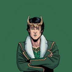 an image of loki with horns on his head and arms crossed, in front of a green background