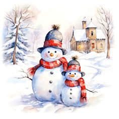 a watercolor painting of two snowmen in front of a house with a red scarf and hat