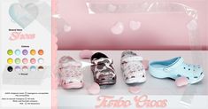 three pairs of shoes with hearts on them and the words tattoo crocs written below