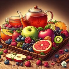 a painting of fruit and tea on a wooden tray with cinnamons, apples, raspberries, oranges, kiwis