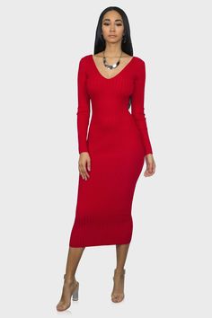 v neck sweater dress red front Ribbed V-neck Sweater Dress For Date Night, Stretch V-neck Sweater Dress For Date Night, Ribbed V-neck Bodycon Dress For Party, V-neck Sweater Dress For Night Out, Ribbed Long Sleeve Bodycon Evening Dress, Long Sleeve Ribbed Bodycon Evening Dress, Evening Long Sleeve Ribbed Bodycon Dress, Red V-neck Bodycon Dress For Winter, Winter Ribbed Midi Dress For Night Out