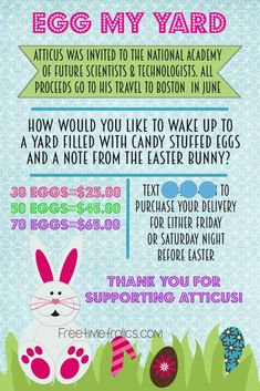 an easter egg hunt flyer with the words, eggs and bunny ears on it's back