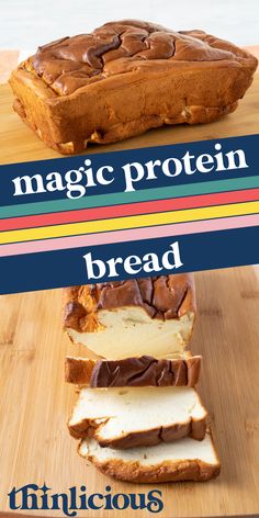 a loaf of bread with chocolate frosting on top and the words, magic protein bread