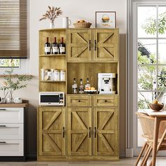 a kitchen with a wooden cabinet and microwave