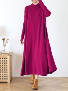 Styles: Casual Material: Cotton Blend Clothing Length: Mid-Calf Sleeve Length: Long Sleeve Collar: Mock Neck Pattern: Solid Color Season: Winter #dress #mockneck #knitwear #winter Cotton Long Sleeve Shift Maxi Dress, Cotton Shift Maxi Dress With Long Sleeves, Pink Long Sleeve Maxi Dress For Winter, Purple Long Sleeve Dress For Winter, Relaxed Fit Cotton Dress For Winter, Plain Cotton Fall Dresses, Long Sleeve Purple Maxi Dress For Fall, Long Purple Dress For Winter, Purple Long Dress For Winter