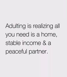 the words, adulting is realizing all you need is a home, stable income & a peaceful partner