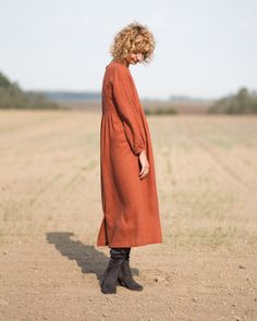 Linen maternity dress in redwood / Maxi linen dress /OFFON CLOTHING Brown Linen Fall Dress, Casual Fall Dresses For Gatherings, Casual Dresses For Fall Gatherings, Linen Relaxed Fit Midi Dress For Fall, Relaxed Fit Linen Midi Dress For Fall, Fall Linen Dress With Relaxed Fit, Relaxed Fit Linen Dress For Fall, Brown Linen Dresses For Fall, Linen Maternity Dress