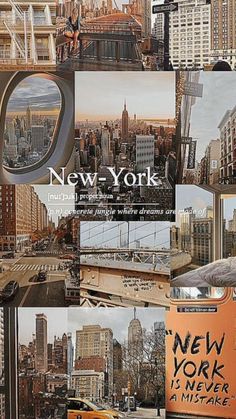 the new york city skyline collage is shown in multiple pictures, including an orange bus