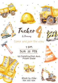 a watercolor drawing of construction equipment on a white background with the words tucker 4 come and join the crew