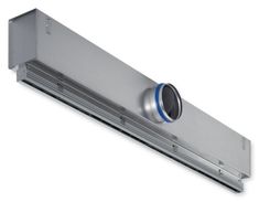 an exhaust fan mounted on the side of a metal wall mount heater with blue trim