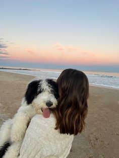 a woman sitting on top of a beach next to a black and white dog with its tongue hanging out