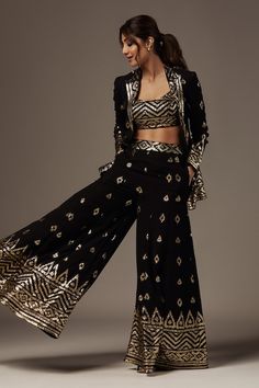 Buy Black Cotton Silk Embroidery Thread Blazer Shawl Collar Marrakesh Sharara Set For Women by Gopi Vaid Online at Aza Fashions. Indian Outfits Modern, Gopi Vaid, Diwali Outfits, Mirror Embroidery, Lehenga Designs Simple, Dress Book, Traditional Indian Dress