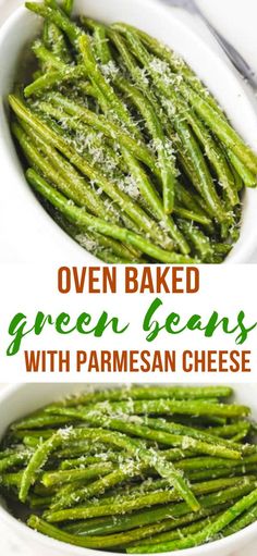 oven baked green beans with parmesan cheese in a white bowl on a table