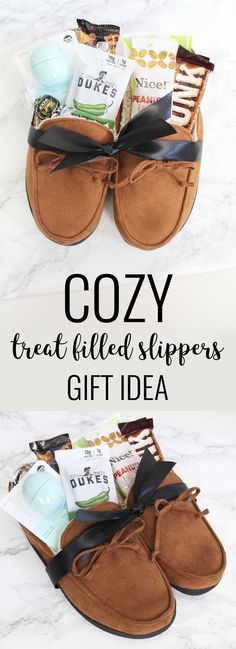 a pair of brown slippers with the words cozy treat filled slippers gift idea