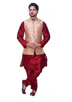 Description: Upgrade your festive wardrobe with our Designer Men's Festive Golden/Red Nehru Jacket/Waistcoat in Golden/Red Color. Perfect for any occasion, this jacket/waistcoat is designed with luxurious details and a modern fit. Make a statement and stand out from the crowd with this stunning piece. Information: Care Instruction: Hand Wash Type: Full-Stitched Material: Silk Fit Type: Regular Neck Style: Banded Collar Sleeve - Sleeveless Nehru Jacket For Men, Kurta Pajama Men, Sequence Blouse, Indo Western Gown, Saree Petticoat, Full Sleeve Blouse, Saree Jewellery, Golden Red, Lehenga Skirt