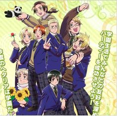 an anime poster with many people dressed in school uniforms and one person pointing at the camera