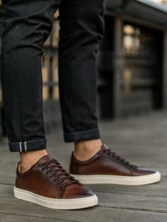 #MensSneakers #LeatherSneakers #HighQualityLeatherSneakers Formal Brown Calf Leather Sneakers, Durable Brown Leather Sneakers, Brown Leather Mid-top Sneakers, Leather Mid-top Sneakers With Reinforced Toe, Rugged Leather Low-top Sneakers, Thursday Boots, Mens Smart Casual Outfits, Trendy Shoes Sneakers, Boot Companies