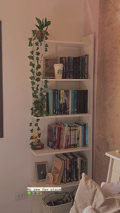 a bookshelf filled with lots of books next to a wall mounted planter