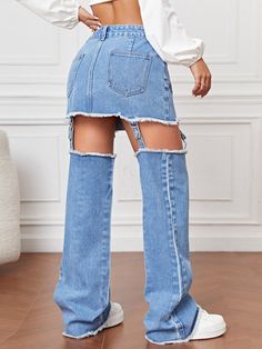 Cut Out Raw Trim Skirt With Detachable Legs | SHEIN USA Plus Pants, Designer Outfit, Dresses Pants, The Machine, Clothing Dresses, Fashion Online Shop, All Fashion, Denim Jeans, Latest Trends