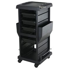 a black cart with three drawers on wheels