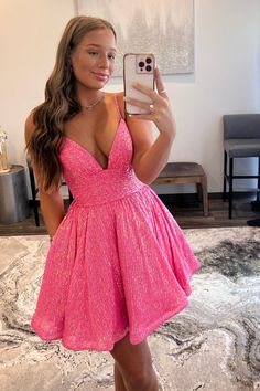 Hot Pink Hoco Dress, Pink Prom Dresses Short, Hot Pink Homecoming Dress, Sequin Homecoming Dress, Homecoming Ideas, Cute Homecoming Dresses, Homecoming Dance, Hoco Dress, Pink Homecoming Dress