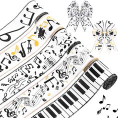 an image of musical notes and piano keys on white paper with black and yellow accents