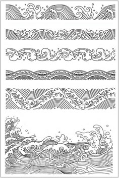 four different waves in black and white ink on paper, each with an individual's name