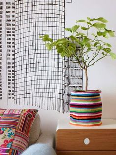 a potted plant sitting on top of a wooden table next to a wall hanging