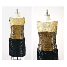 "Stunning black bronze gold Sequin dress features: * Fully embellished with black bronze gold sequins * Woven fit shape  * Gorgeous open boatneck line * Back zip closure * Fully lined * Stunning  By Ted Brown Fits like a Small Medium (Shown on a size 4 form) Synthetic outer with synthetic lining  Bust 34\" Waist 31\" Hips  39\" Length from high point of shoulder 34\" (6\" of additional hem that can be let out for additional length) USED vintage condition with below notes; * This dress has been altered in length and there are some area on the interior lining with raw edges from the alteration * Sequins missing around the waistline in various places as shown in the 2 photos, this can easily be repaired but we are selling as is as this could be perfect for a costume or stage. Selling as is. A Vintage Sequin Jacket, Mondrian Dress, 60s Mini Dress, Sparkle Mini Dress, Multicolor Sequins, White Ball Gowns, Black Sheer Dress, Gold Sequin Dress, Vintage Black Dress