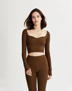 TALIA TOP OLIVE BROWN | NYLORA Fitted Crop Top, Brown Crop Top, Brown Trousers, Workout Crop Top, Brown Top, Ribbed Top, Cropped Top, Active Wear Tops, Ribbed Fabric