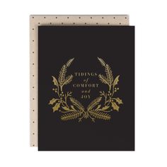 a black and gold greeting card with the words things of comfort and joy on it