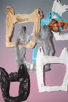 several different types of paper mache and plastic bags on a pink background with the words miss's written above them