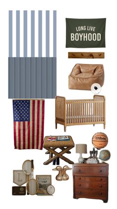 a collage of various items including a baby crib, bed, and american flag