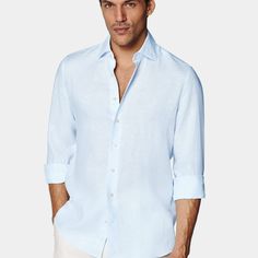 This breezy light blue button-up shirt is tailored slim with soft collar interlining, a sleek French placket, and a slightly curved hem that makes it perfect for casually wearing untucked. Casual Denim Shirt, Blue Weave, Blue Button Up Shirt, Safari Shirt, Slim Fit Tuxedo, Tuxedo Pants, Denim Shirt Men, Oxford White, Tuxedo Shirts