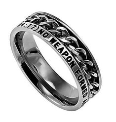 Ships in 1 to 2 business days Women's chain ring provides inspiration with engraved Scripture: "No Weapon Formed Against You Shall Prosper (Isaiah 54:17)." High polished stainless steel with spinning chain center. Petite 6mm. Available in sizes 5 through 9 Silver Stainless Steel Chain Promise Ring, My Chains Are Gone, Christian Jewelry, Set Free, Amazing Grace, Christian Women, Chain Ring, Jewelry Box, Lotion