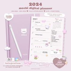 a pink planner with the words mochi digital planner written on it and a pencil next to it