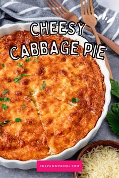 cheesy cabbage pie in a white dish with parsley on top