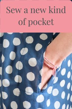 a woman wearing a polka dot dress with the words sew a new kind of pocket