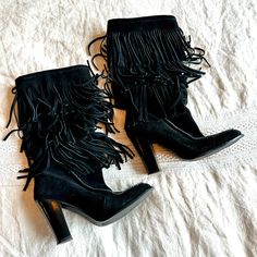 Used Twice, Ralph Lauren Black Boots, Look Like New Western Style High Heel Boots For Evening, Western Evening Boots With Round Toe, Black Western Boots For Evening, Chic Black Boots With Fringe, Western Boots For Evening In Fall, Leather Pointed Toe Boots With Fringe, Boots Look, Ralph Lauren Shoes, Shoes Heels Boots